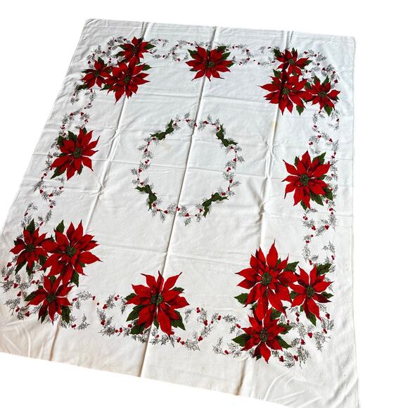 Vintage Christmas holiday tablecloth square printed cotton AS FOUND with stains - Picture 1 of 12